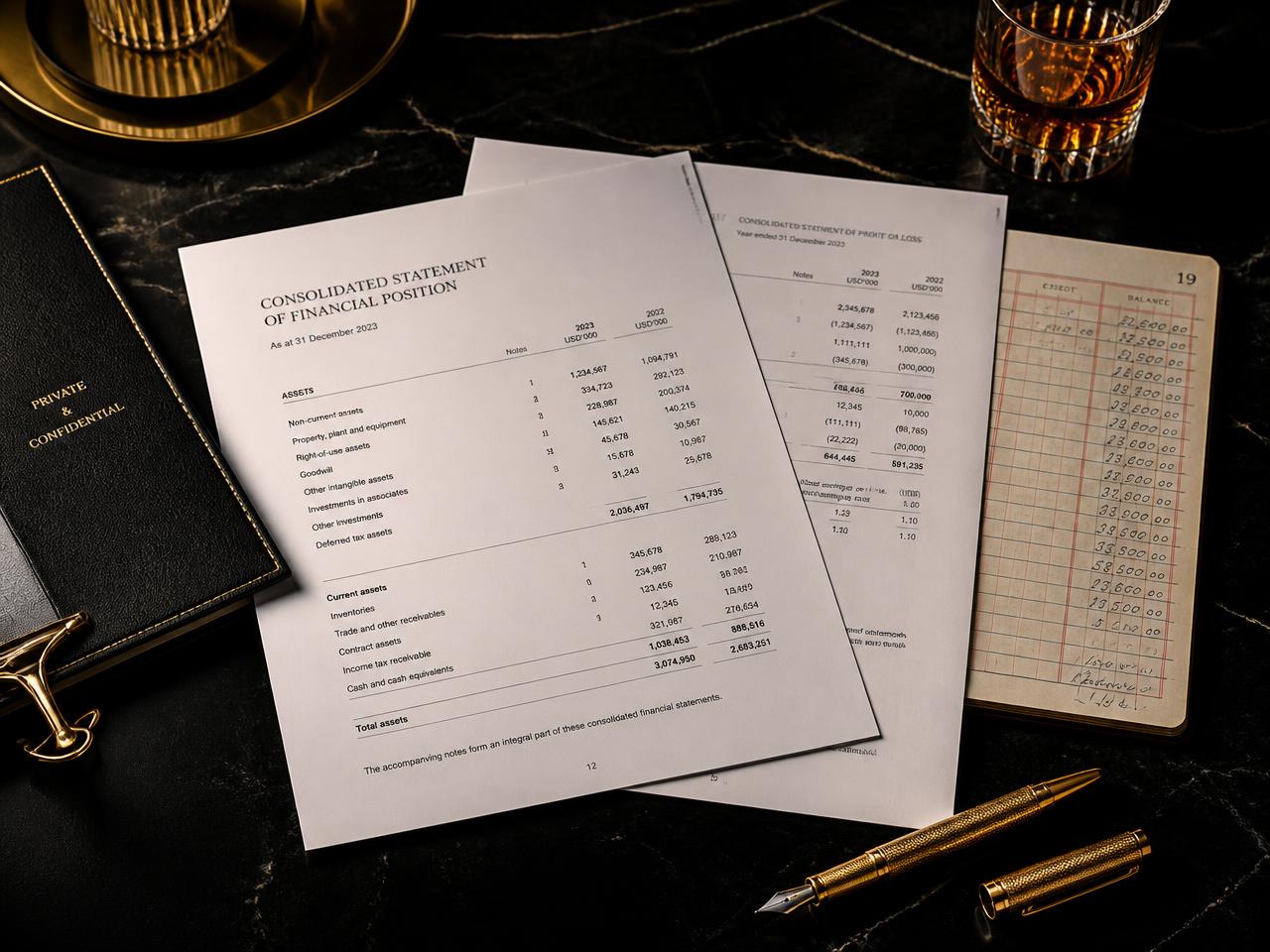 Printed financial statements and a ledger on a black marble desk